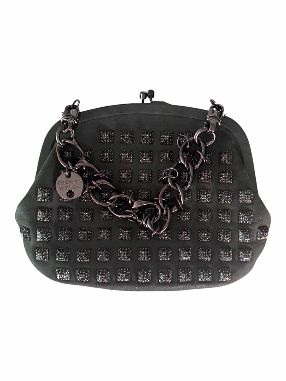 Thomas Wylde Menace Studded Black Clutch Wristlet Lambskin Chain Strap Bag